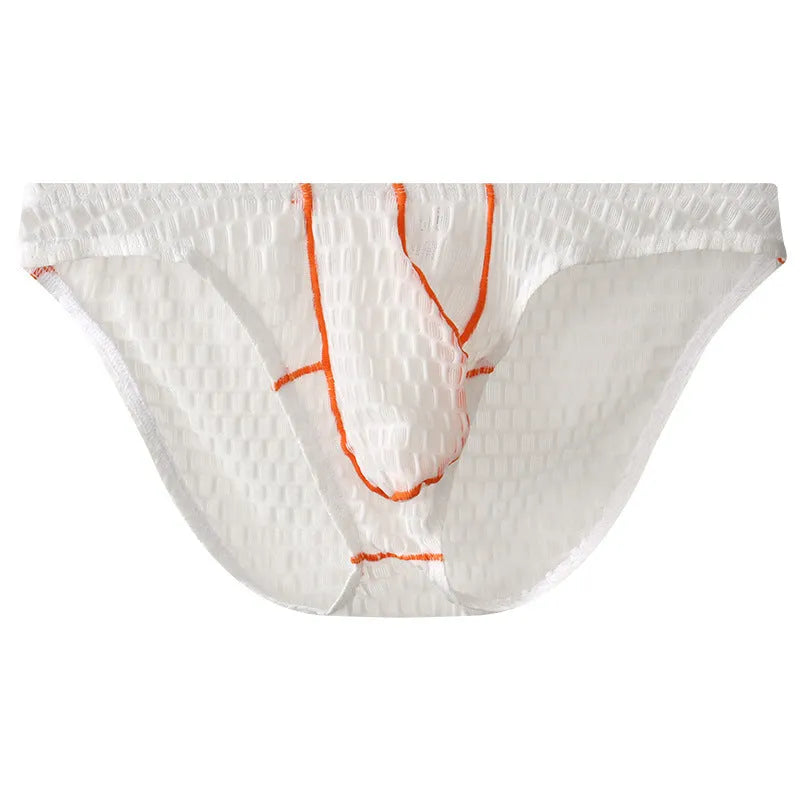 Men's white ice silk lace low waist briefs on a plain background