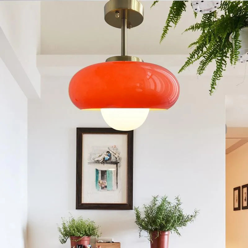 Bauhaus three-headed glass egg tart pendant light in retro style, shown in milk white.