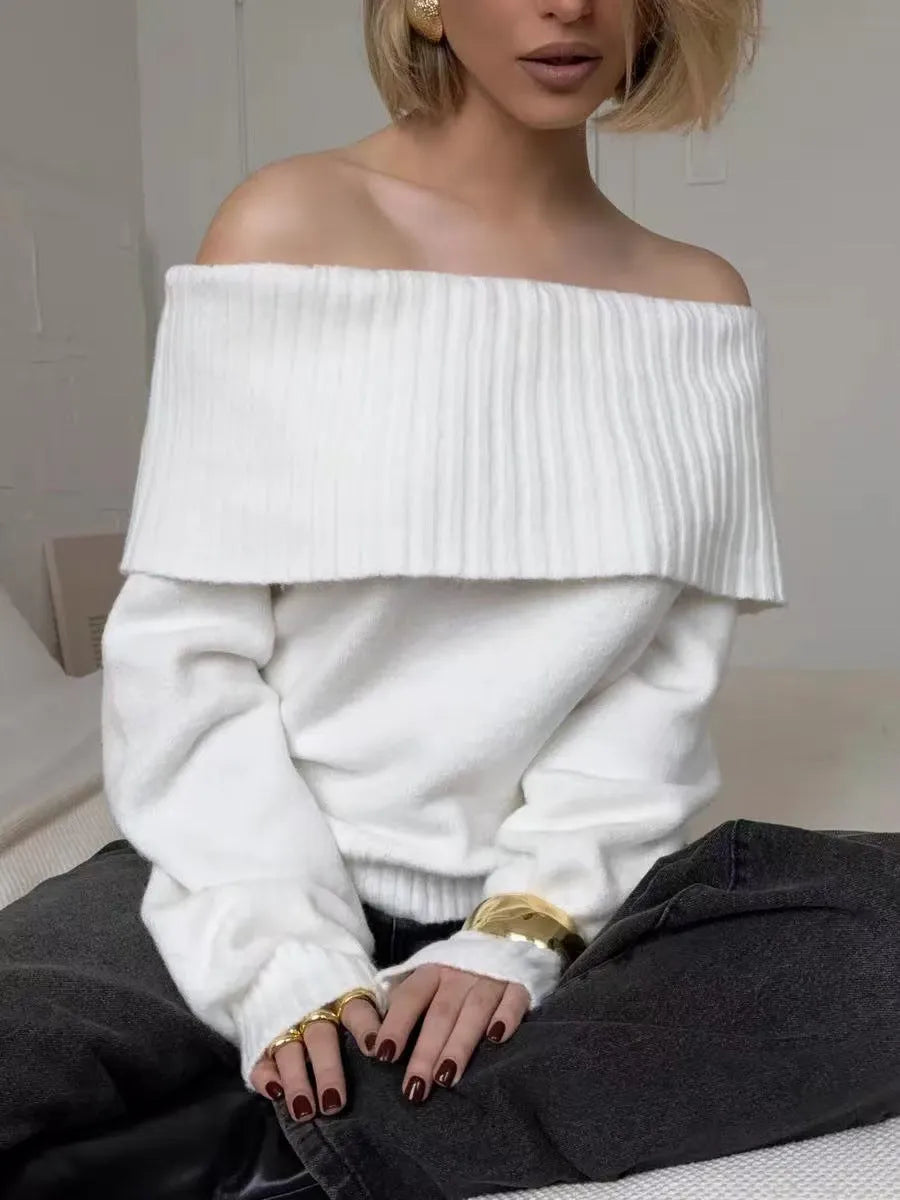 Grey off-the-shoulder women's sweater with 3D pattern and strapless design