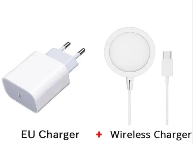 Silver metal Magsafe magnetic wireless charger for iPhone showing magnetic ring.