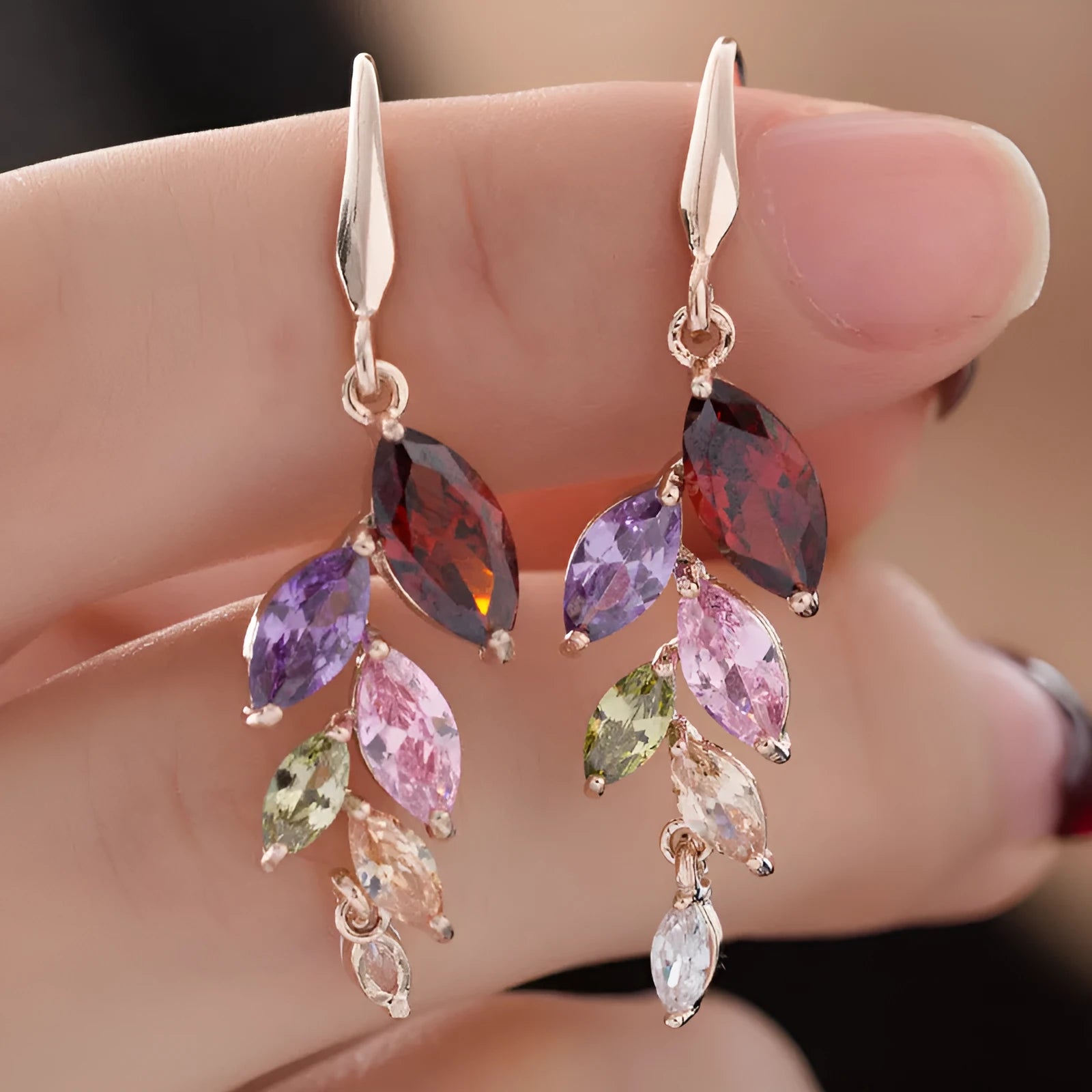 Fashion leaf earrings with zircon accents in rose gold white colour option on copper alloy base