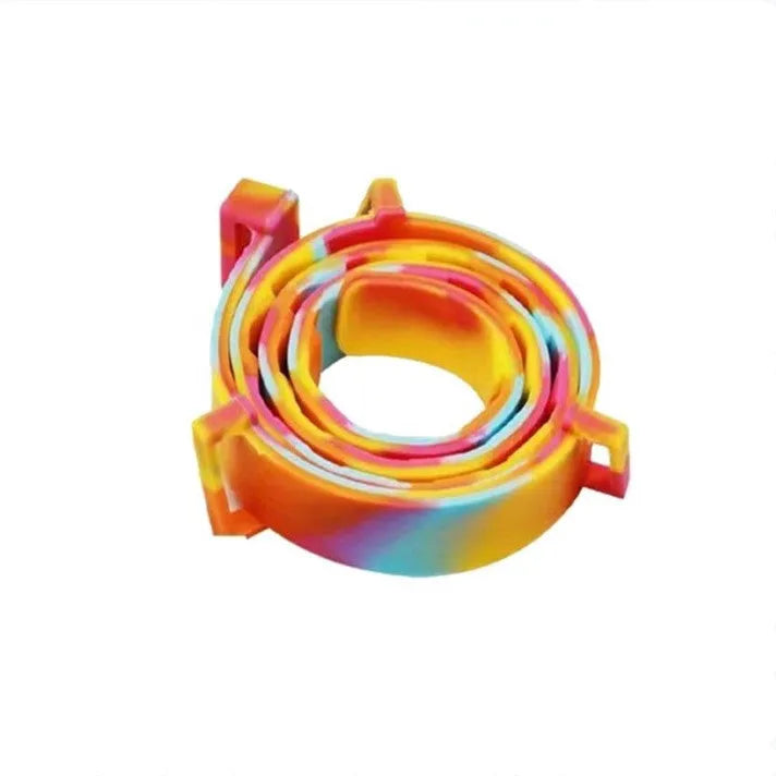 Rainbow coloured plastic flea collar for pets, shown in cat and dog size options.