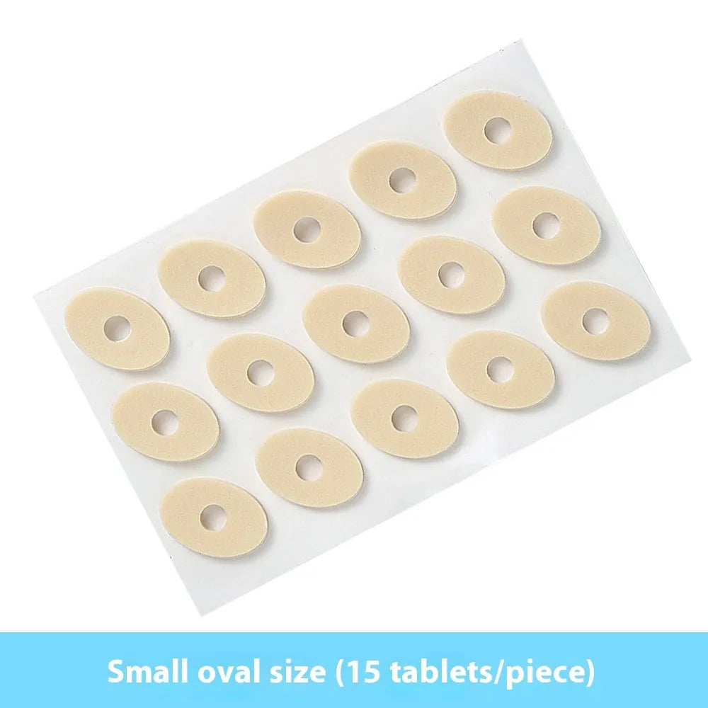 Pack of women's heel corn protectors showing large oval, small oval, U-shaped, and circular section PU pads.