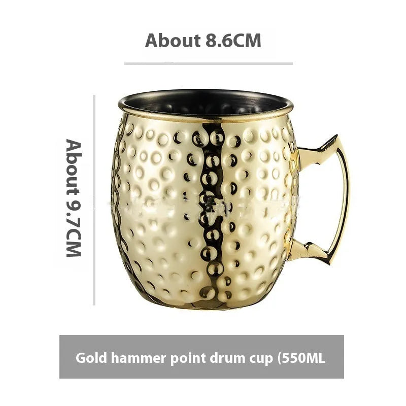 Copper plated stainless steel Moscow Mule mug in hammered and smooth styles, shown in silver, gold, rose gold, and black.