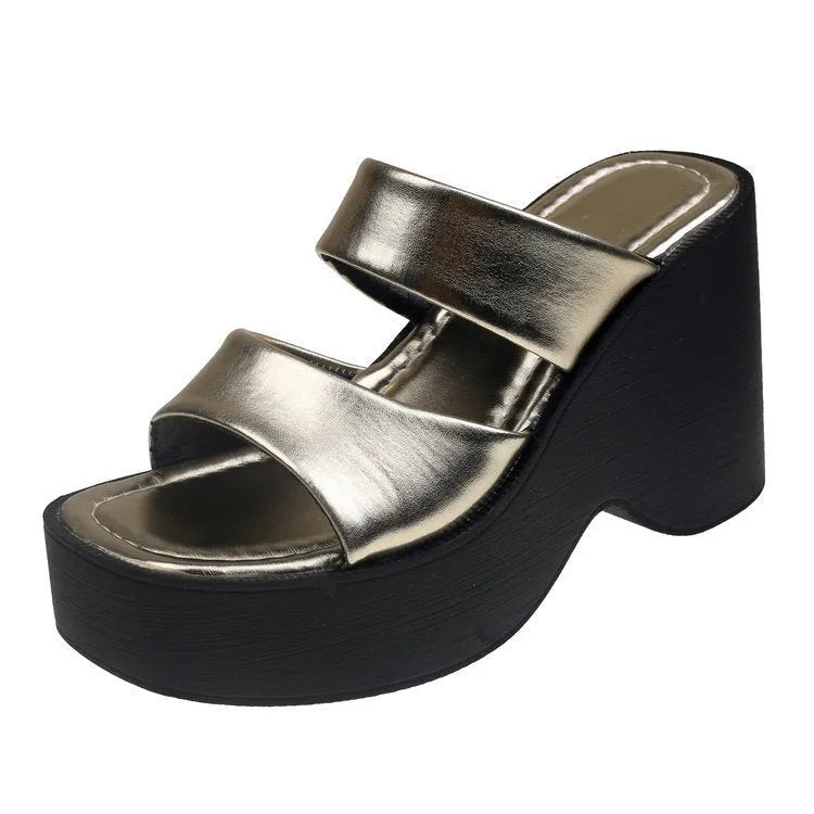 Women's black wedge platform slippers with square toe and PU upper.