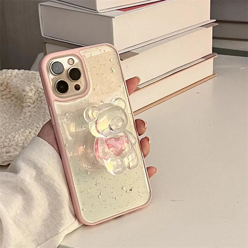 Simple bear bracket silicone TPU phone case for Apple iPhone, back cover in white colour