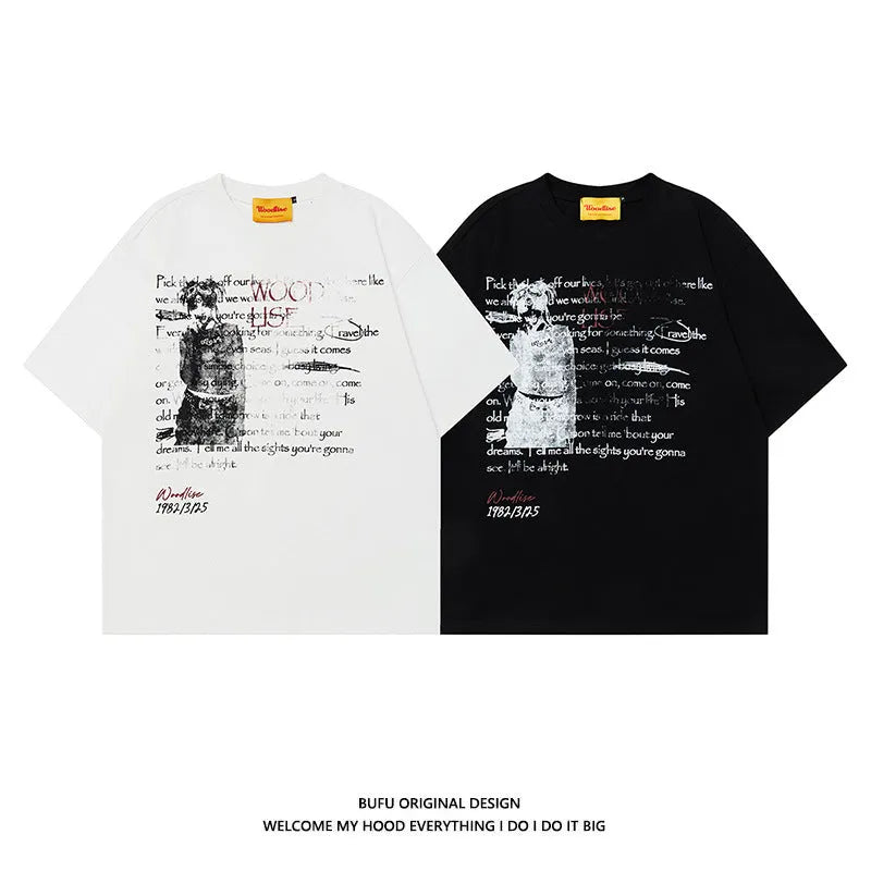 Men's black pure cotton hip hop style T-shirt with loose fit and letter print design