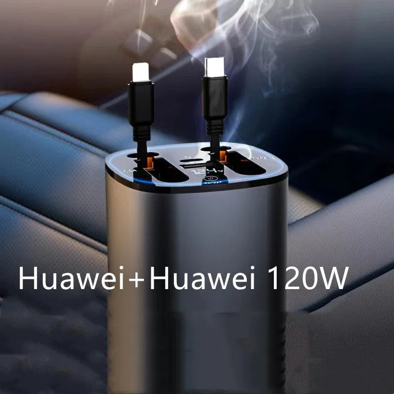 Automatic retractable car charger with cigarette lighter plug and multiple USB ports