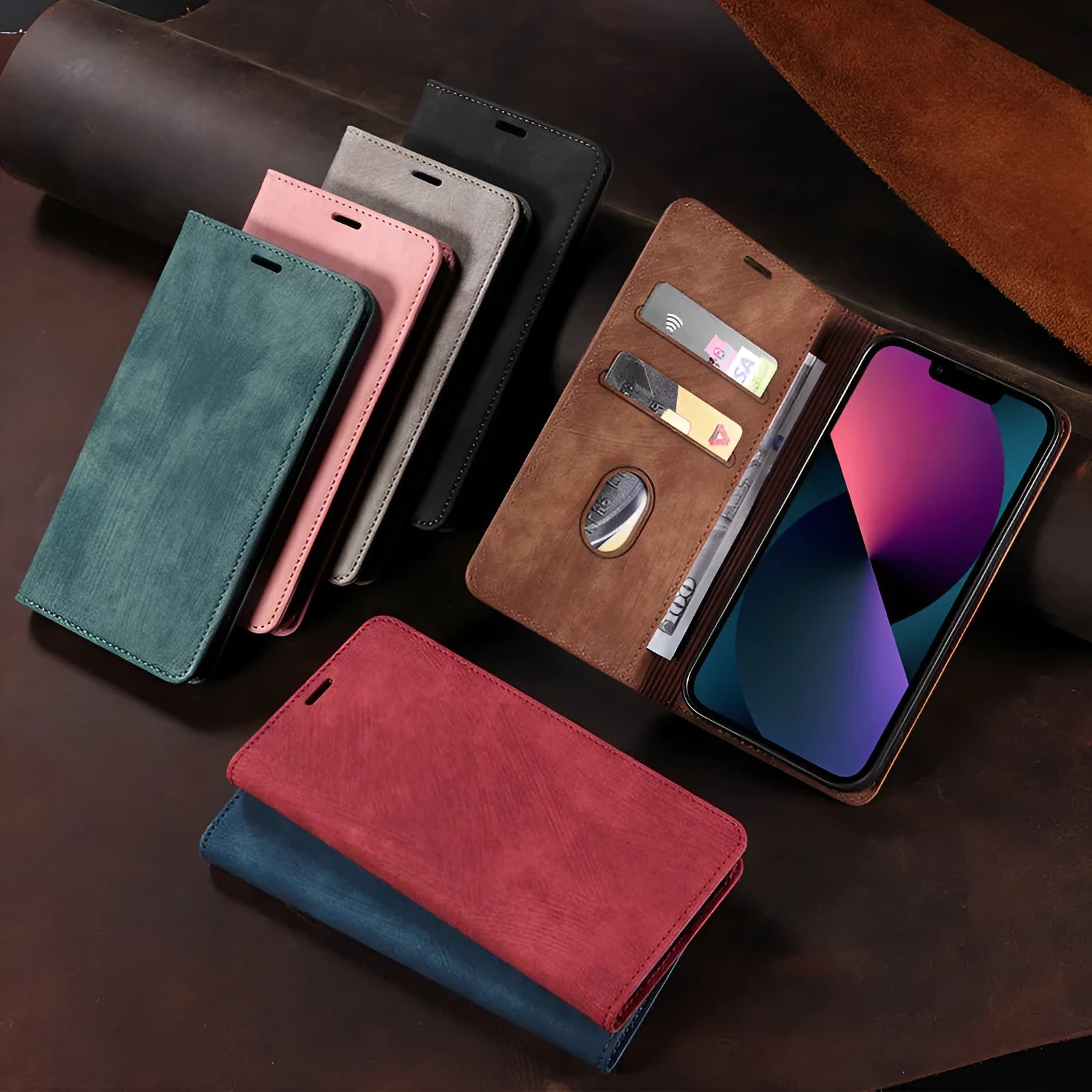 Magnetic flip leather phone case for iPhone in multiple colours showing front flap closed