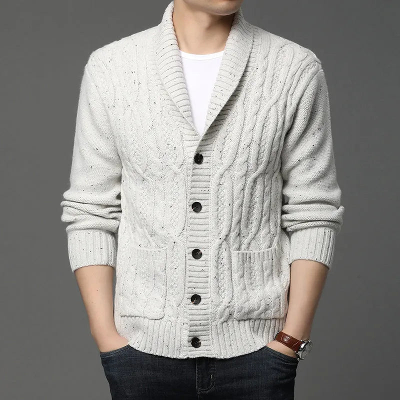 Men's Korean style jacquard knitted cardigan jacket in a chemical fibre blend for autumn and winter.