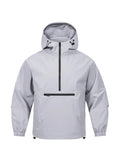 Men's light grey corduroy half-zip hooded sweater jacket with rabbit fur blend fabric in loose Korean-style fit