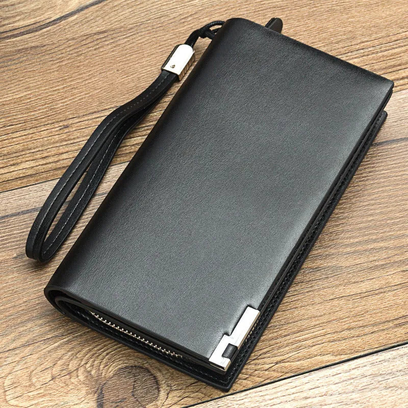 Men's black multifunctional zippered wallet made from PU leather