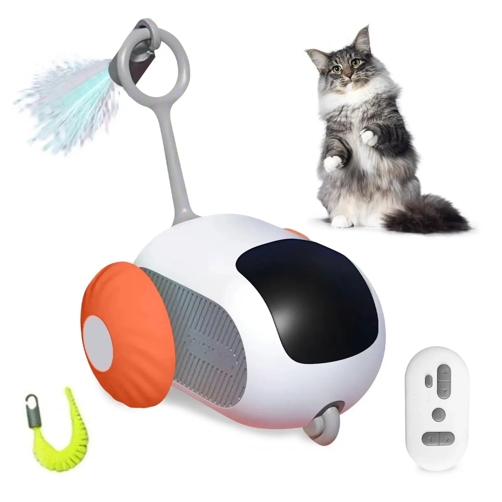Smart interactive cat toy car with feather attachment in blue or orange colour options