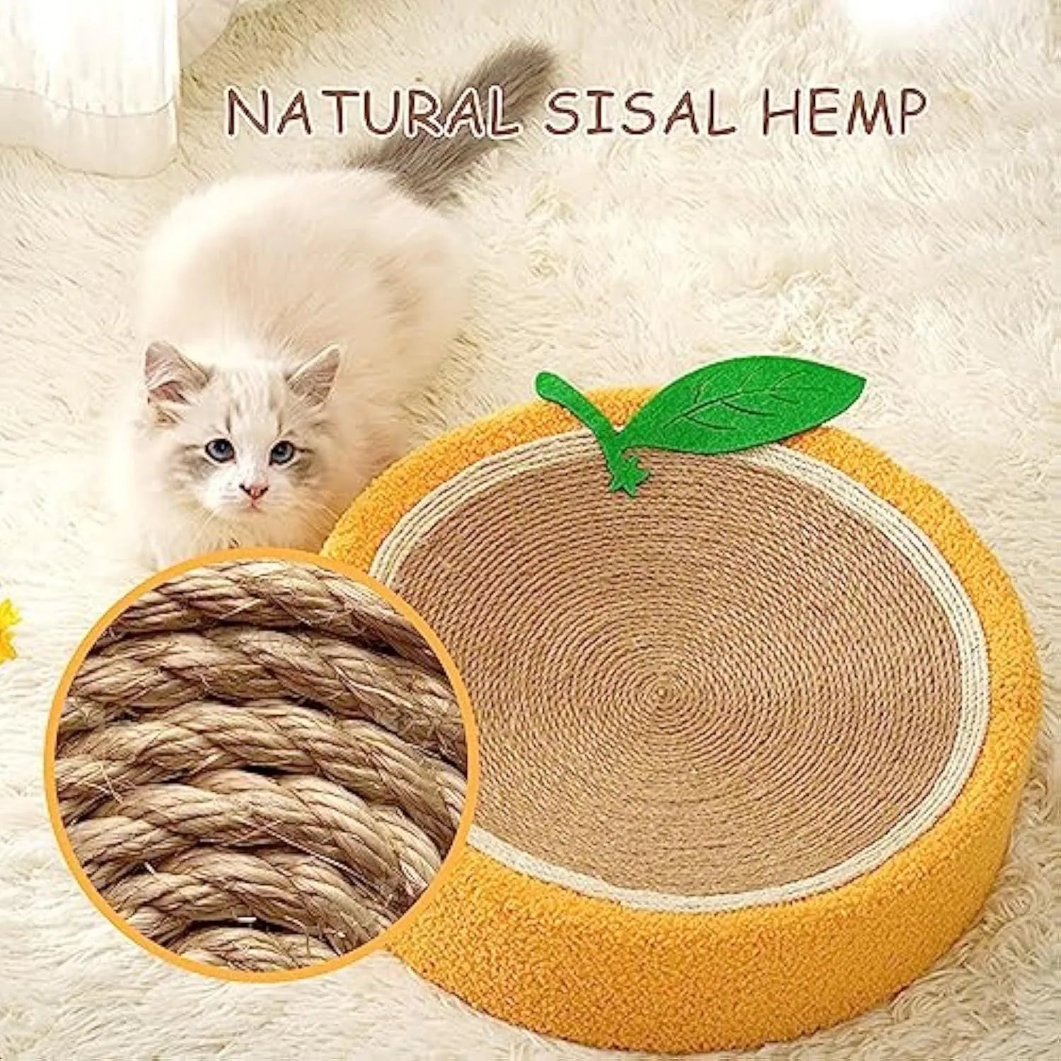 Yellow fruit-shaped sisal cat scratching board with concave sleeping centre