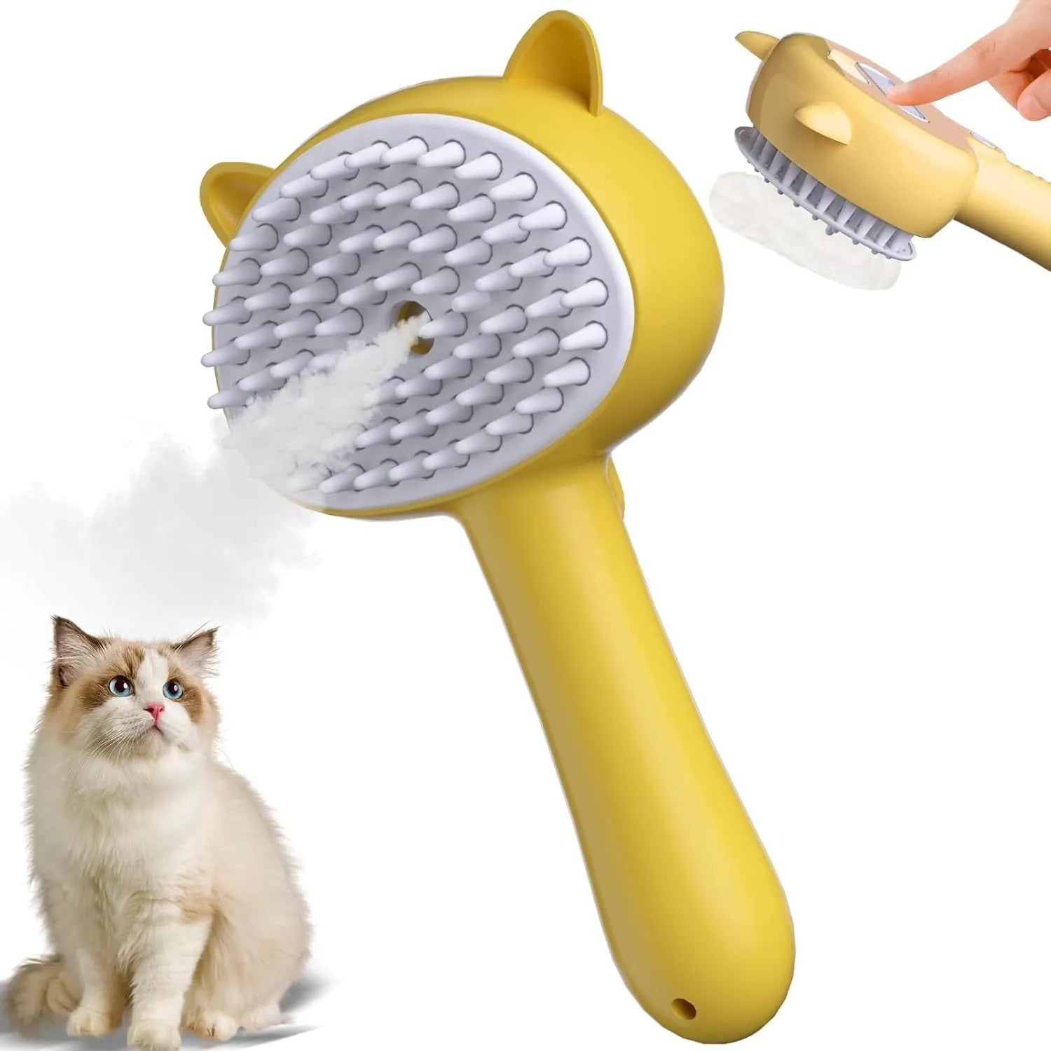 Blue cat steam brush with rubber bristles and release button for pet grooming
