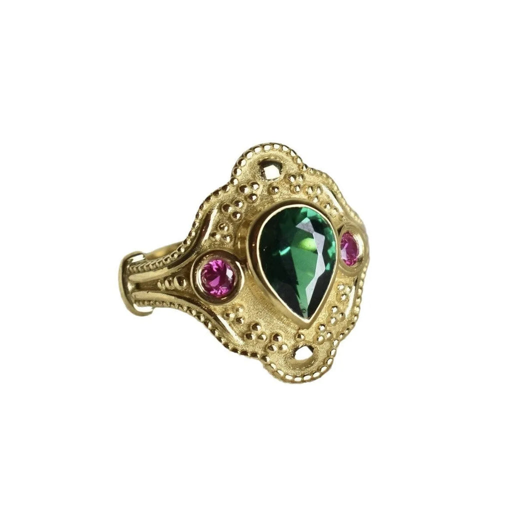 Women's gold-plated geometric ring with electroplated golden lvzuan finish showing side view