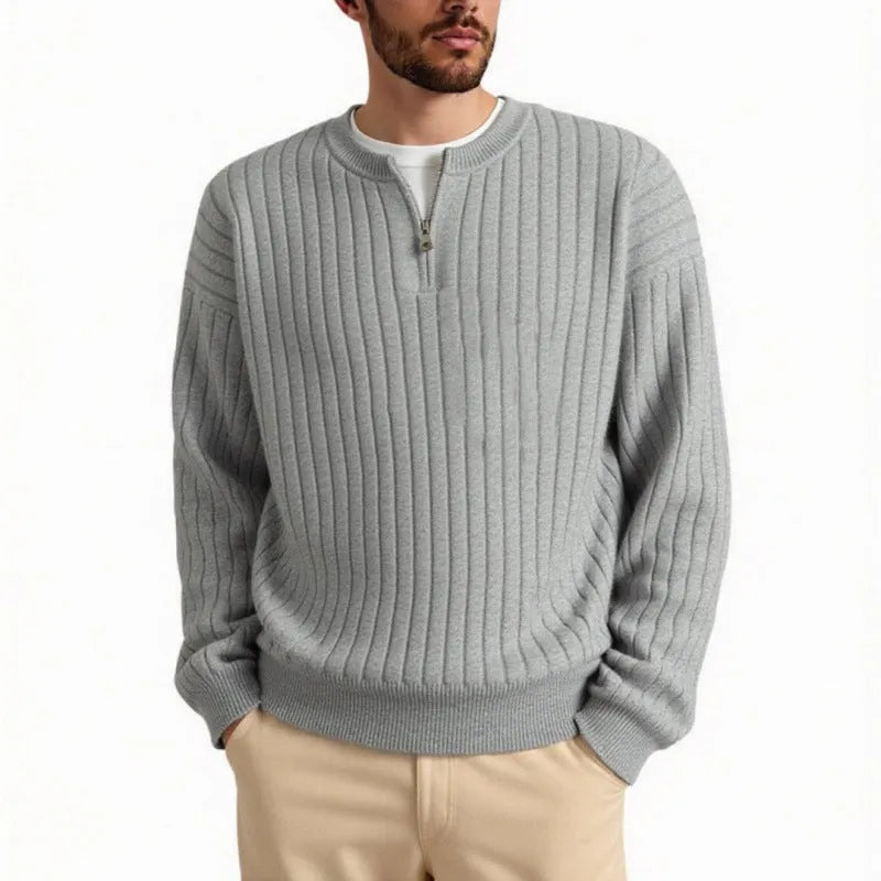 Men's grey textured half zip sweater pullover with loose fit design