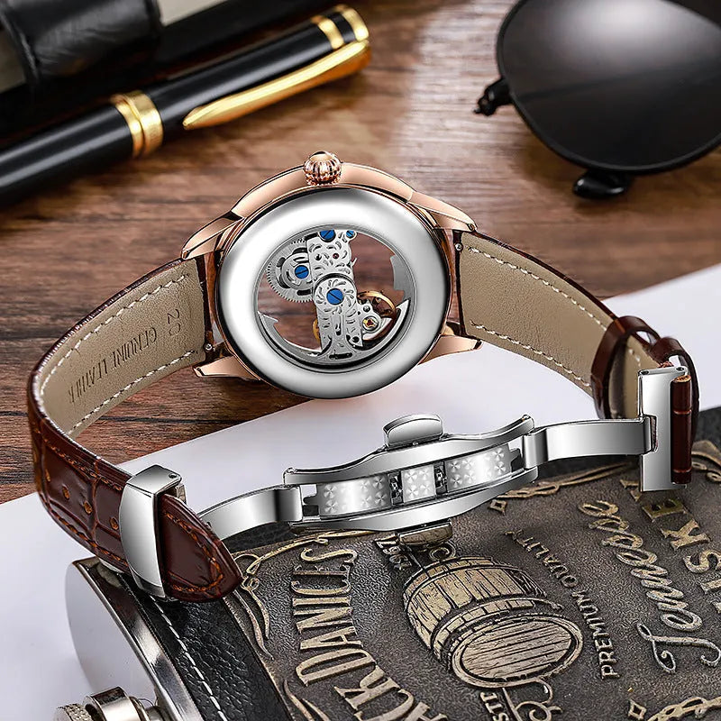 Men's luxury zircon mechanical watch with transparent case back on a black leather strap