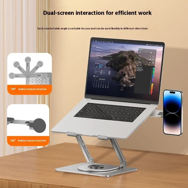 Silver carbon steel laptop stand with a side-mounted magnetic phone holder rotated to show its 360-degree movement.