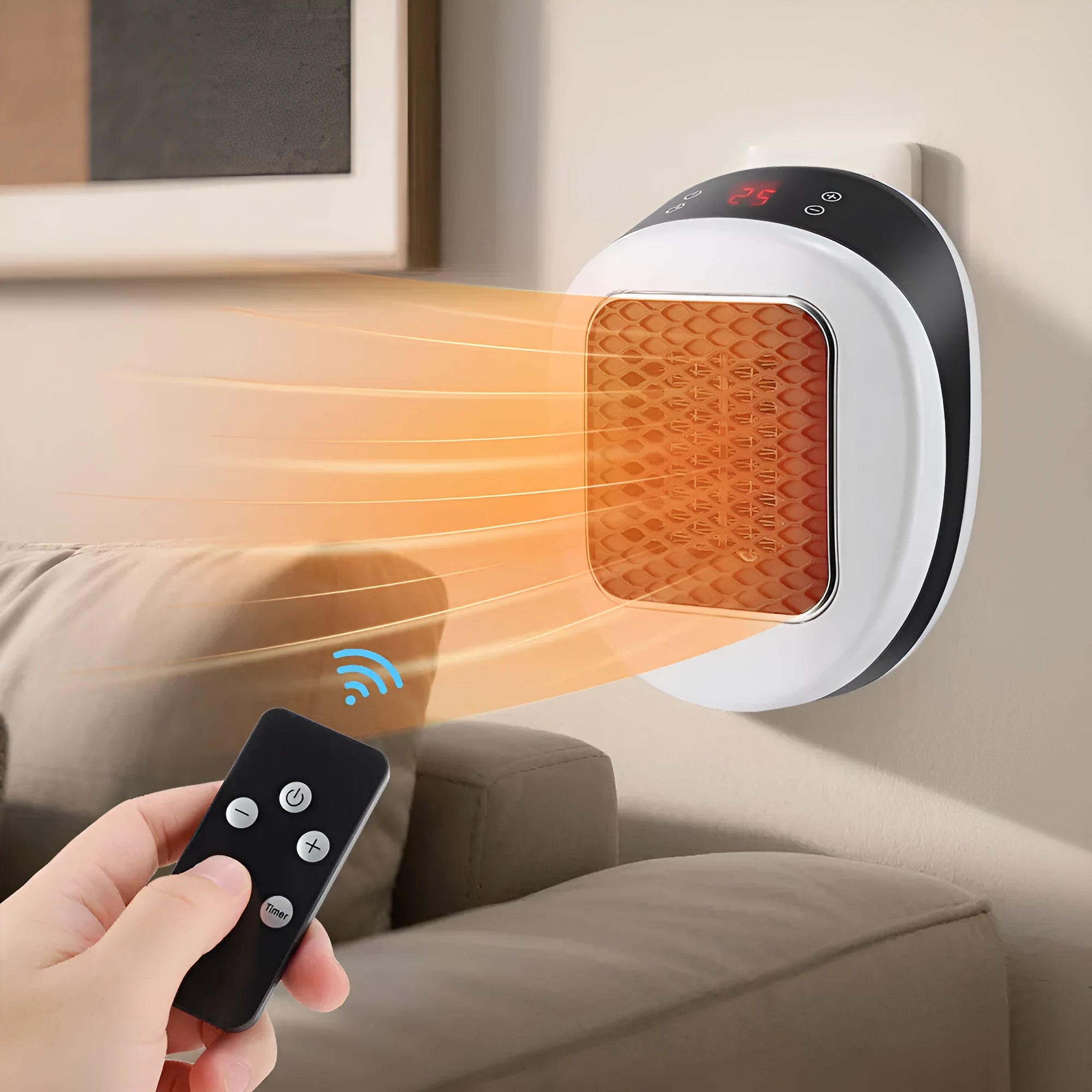 White ceramic heating electric hot air blower heater with remote control on a table.