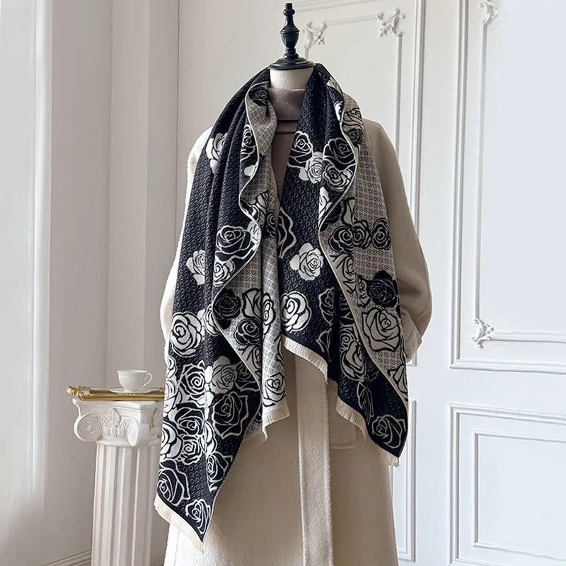 Thick winter scarf in imitation cashmere with tassel ends showing colour options