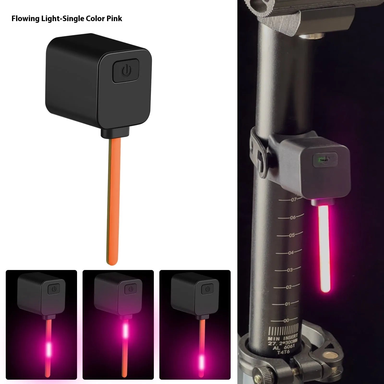 Plug-in bicycle safety taillight with running water LED flashing sequence mounted on a bike seat tube.