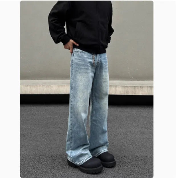 Men's blue retro whisker washed straight jeans with medium-high waist and visible stitching