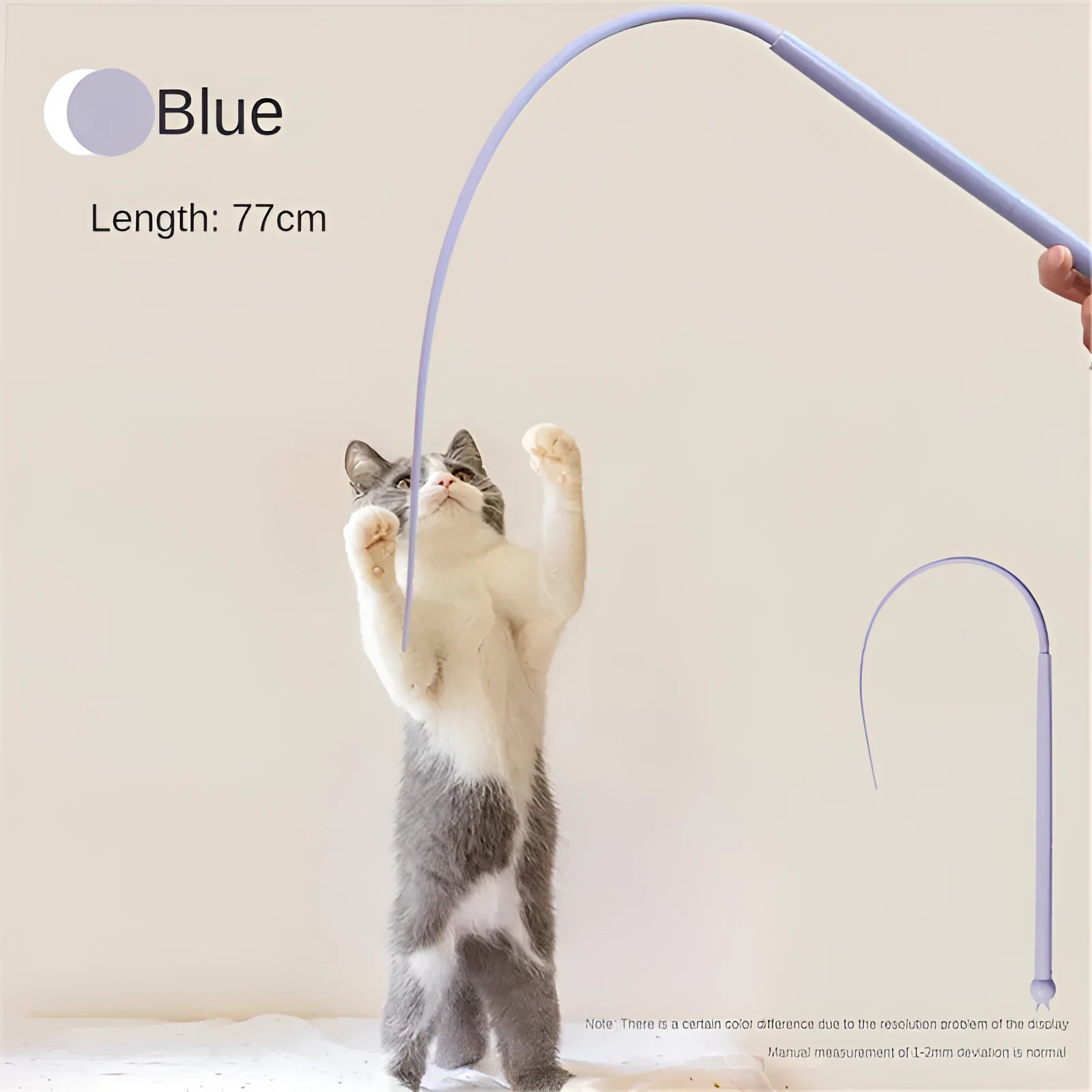 Blue simulated mouse tail cat toy stick with silicone tail and cat head handle design