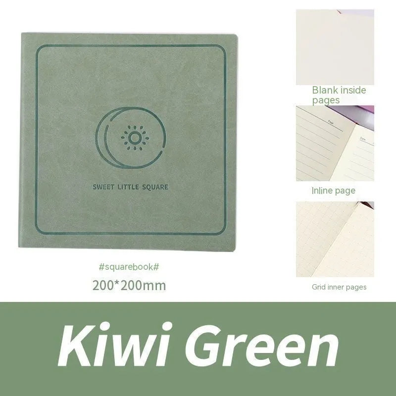 Square A5 mesh leather notebook in avocado green with French fold binding open on blank pages