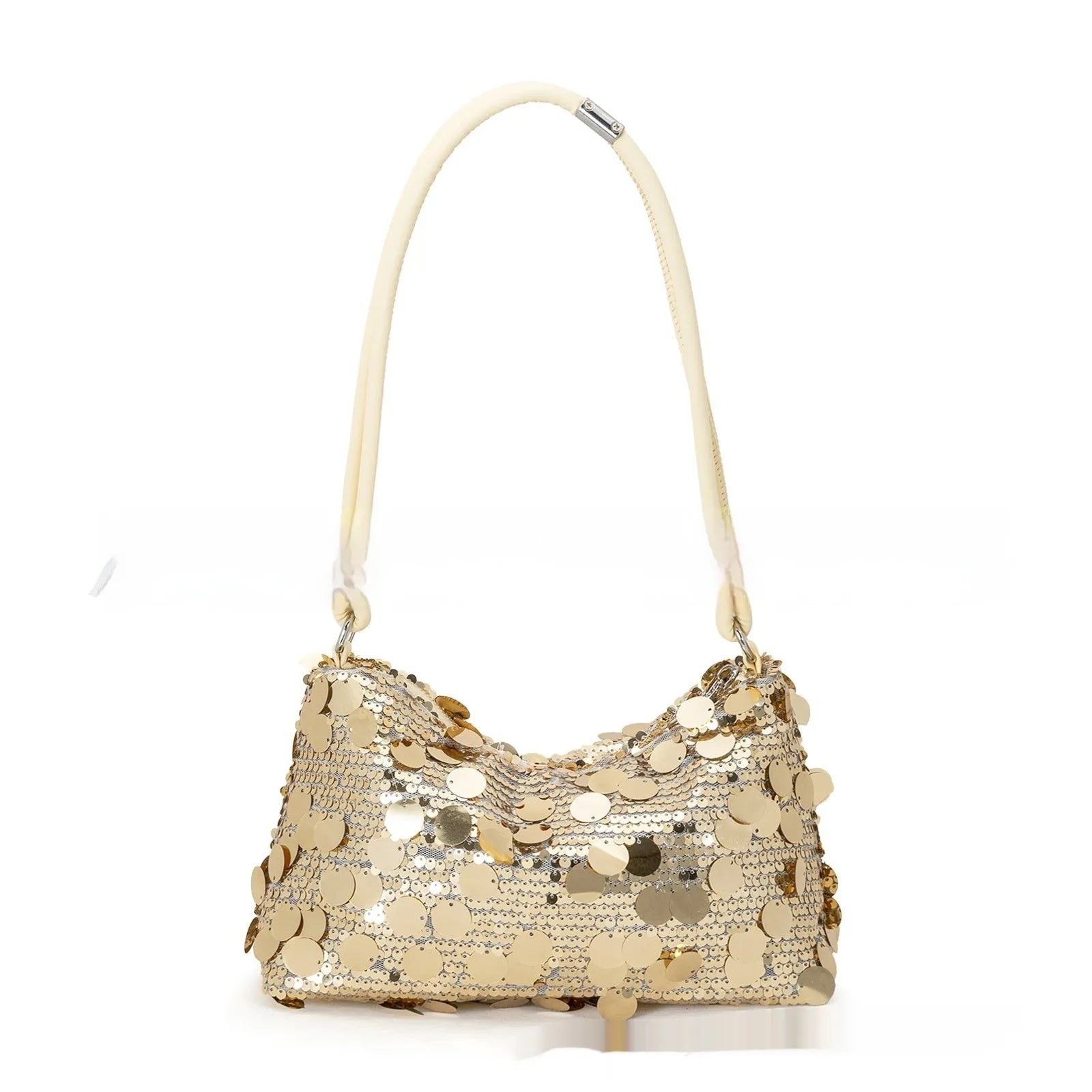 Gold women's underarm crossbody bag with sandwich pocket and sewing thread detail