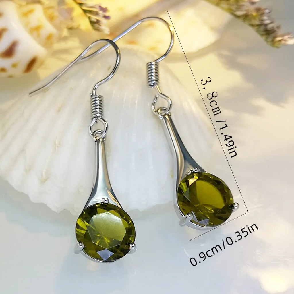 Olive green topaz earrings with water drop shape, electroplated alloy construction