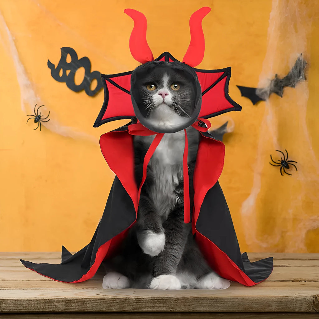 Black polyester Halloween vampire cloak and hat costume set for cats and dogs