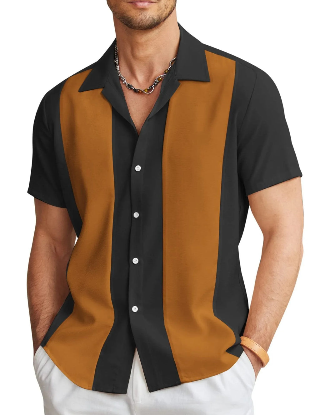 Men's slim fit Hawaiian short sleeve shirt in a digitally printed pattern.