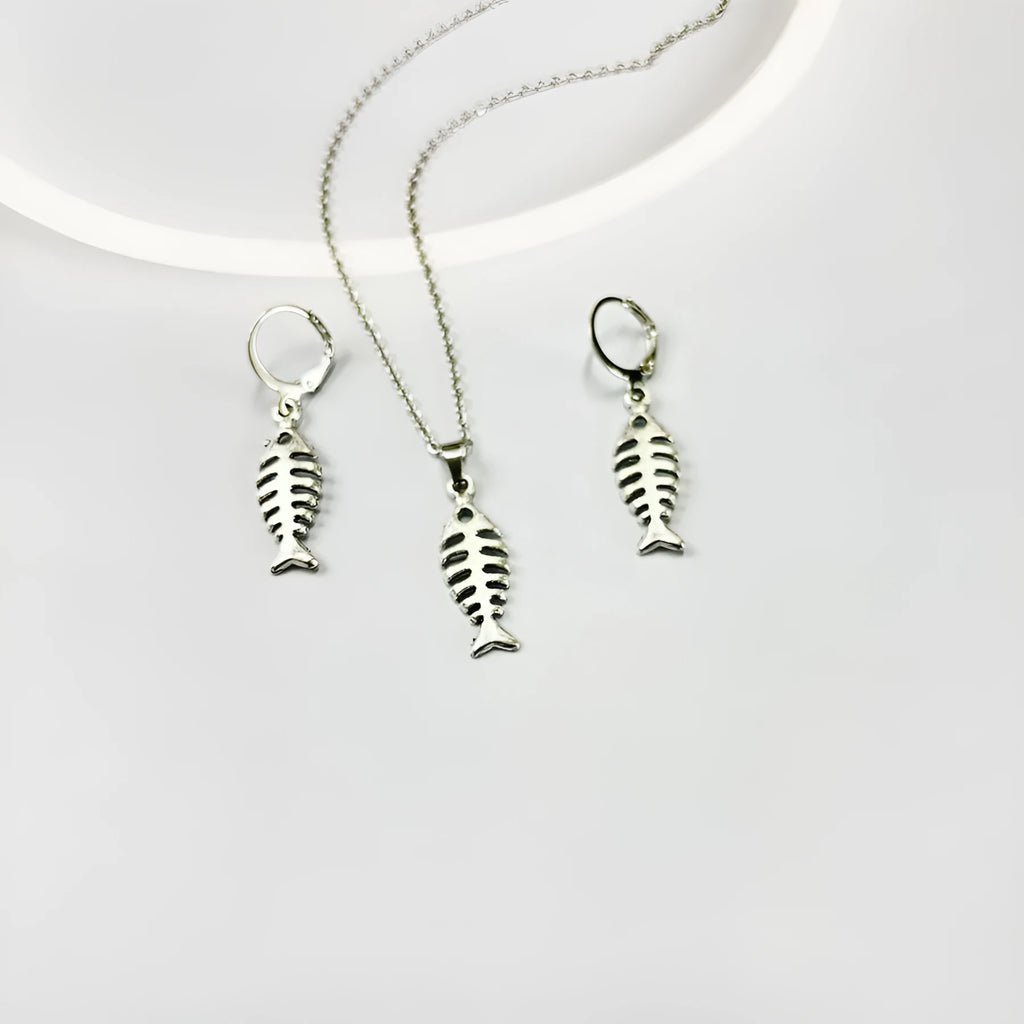 Fishbone pendant retro earrings with O-shaped chain design showing adjustable length