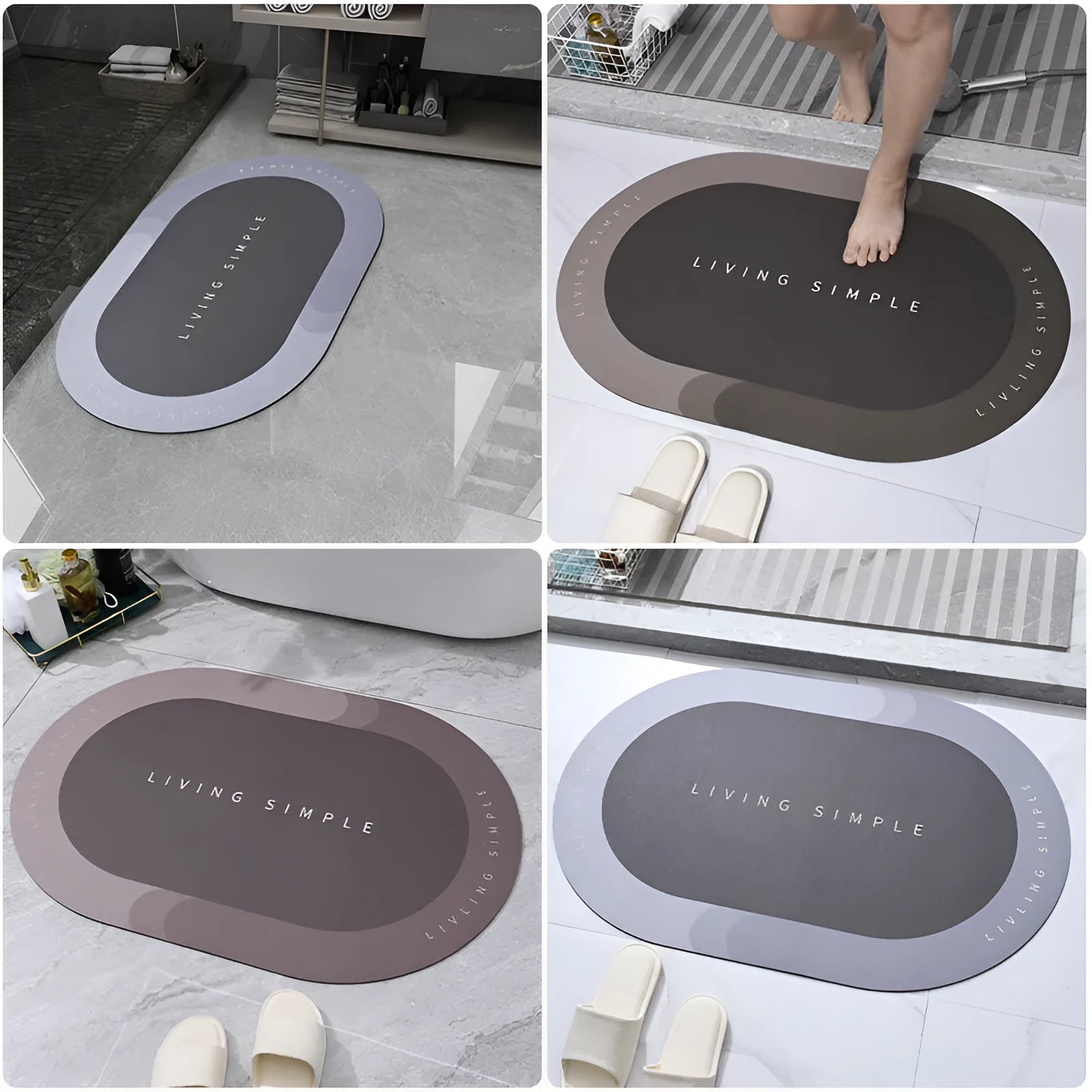 Grey oval super absorbent polyester bath mat with non-slip rubber bottom on tiled floor
