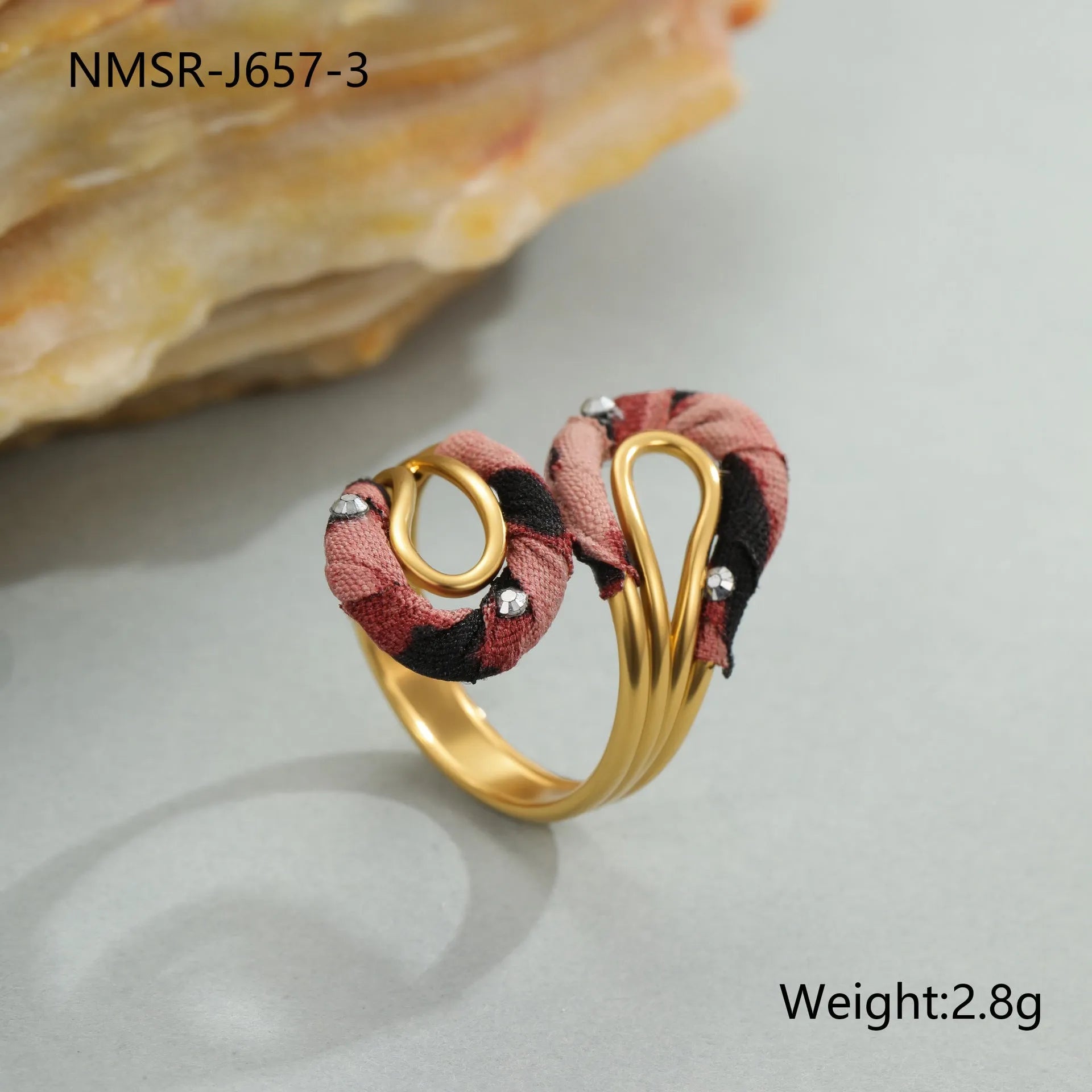 Geometric stainless steel open mouth ring with leopard print patterns in heart and star shapes