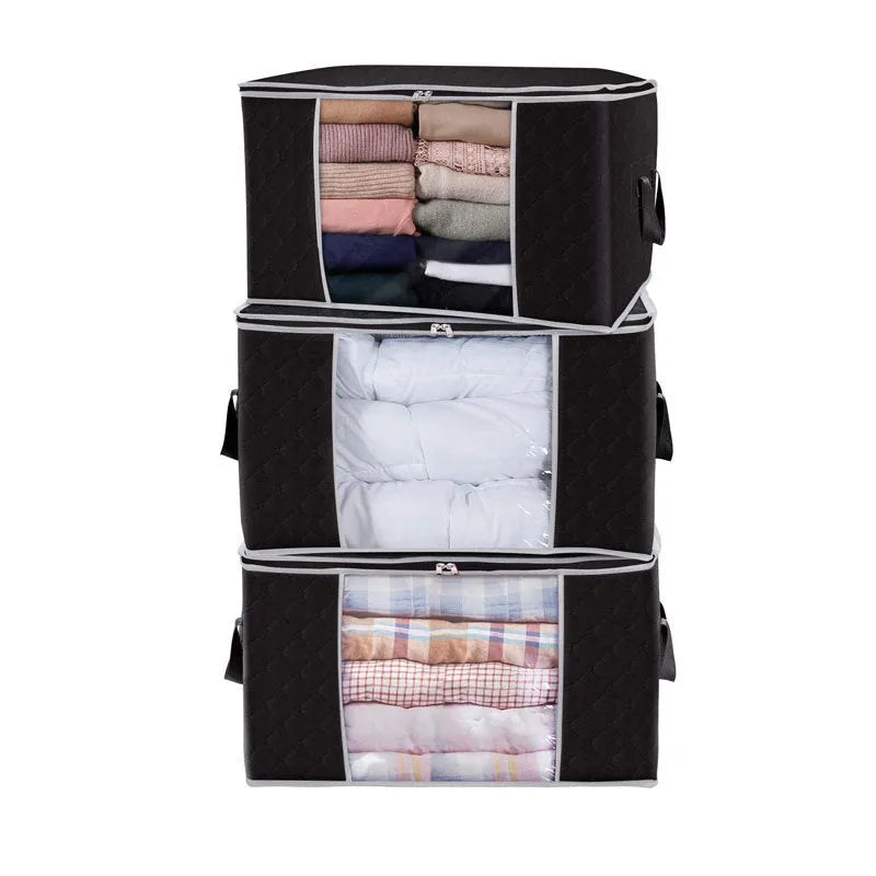 Non-woven handbag-style storage organiser for quilts and clothes in a beige colour.