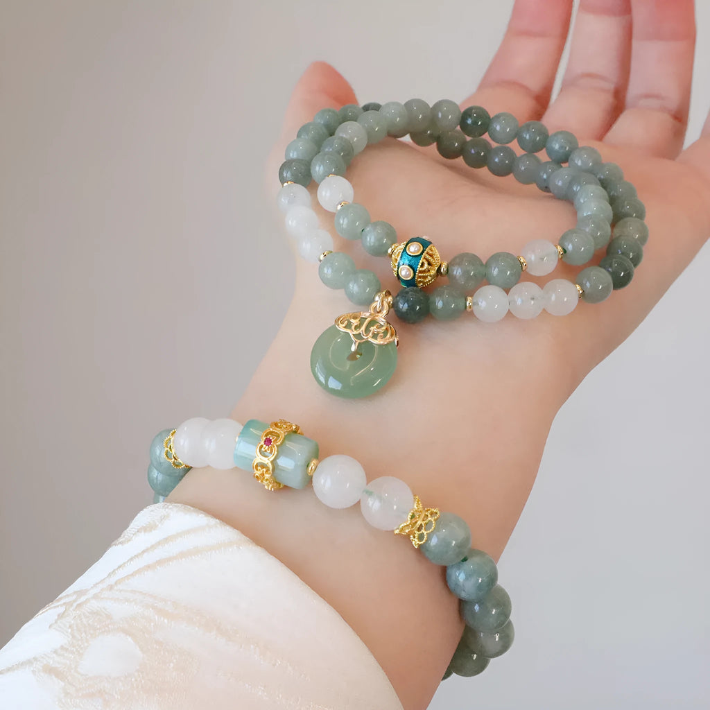 Women's safety buckle bracelet with Myanmar jade stones and geometric lucky bead design