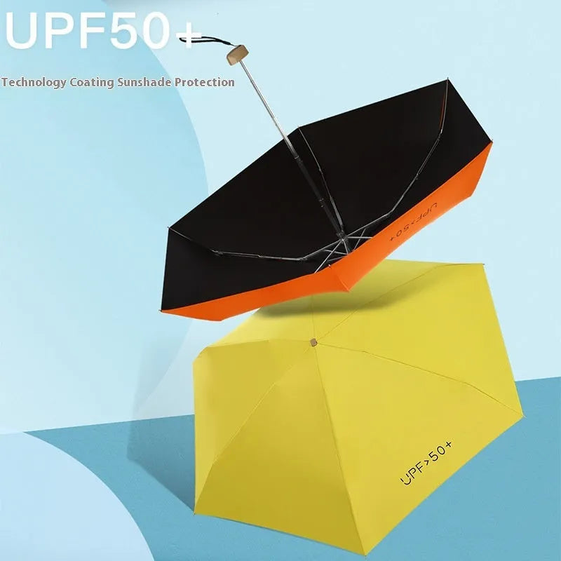 Closed five-fold mini pocket sun umbrella with a rubber handle, showing its compact size.