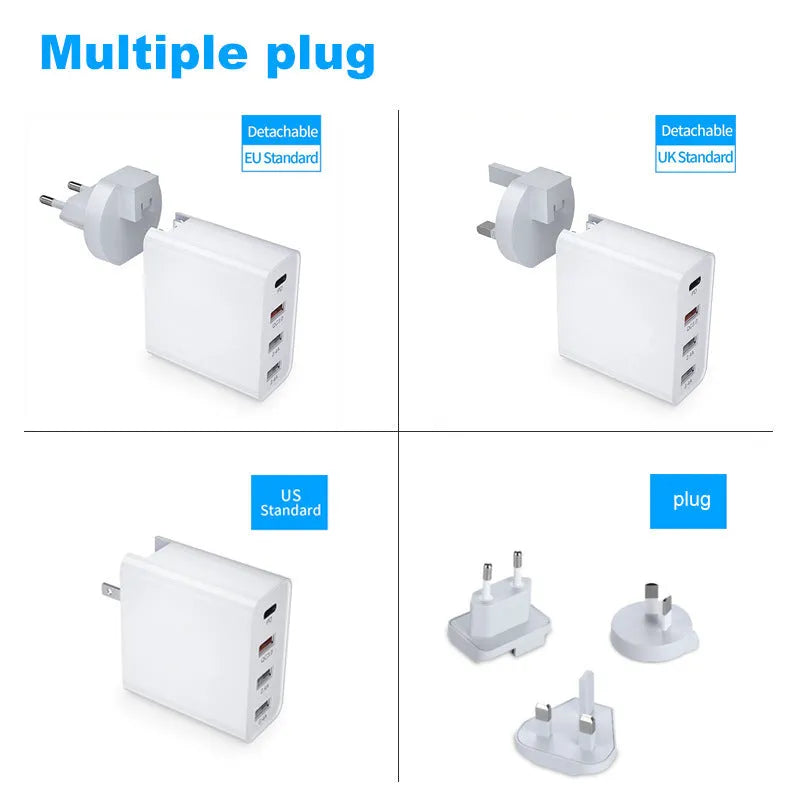 White fast charge mobile phone charger with multiple USB ports showing UK plug