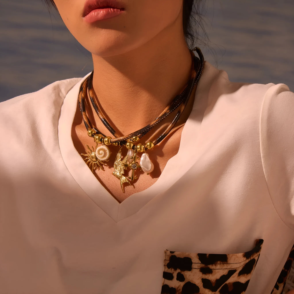 Women's geometric leopard pattern stainless steel necklace with gold electroplated finish on adjustable chain
