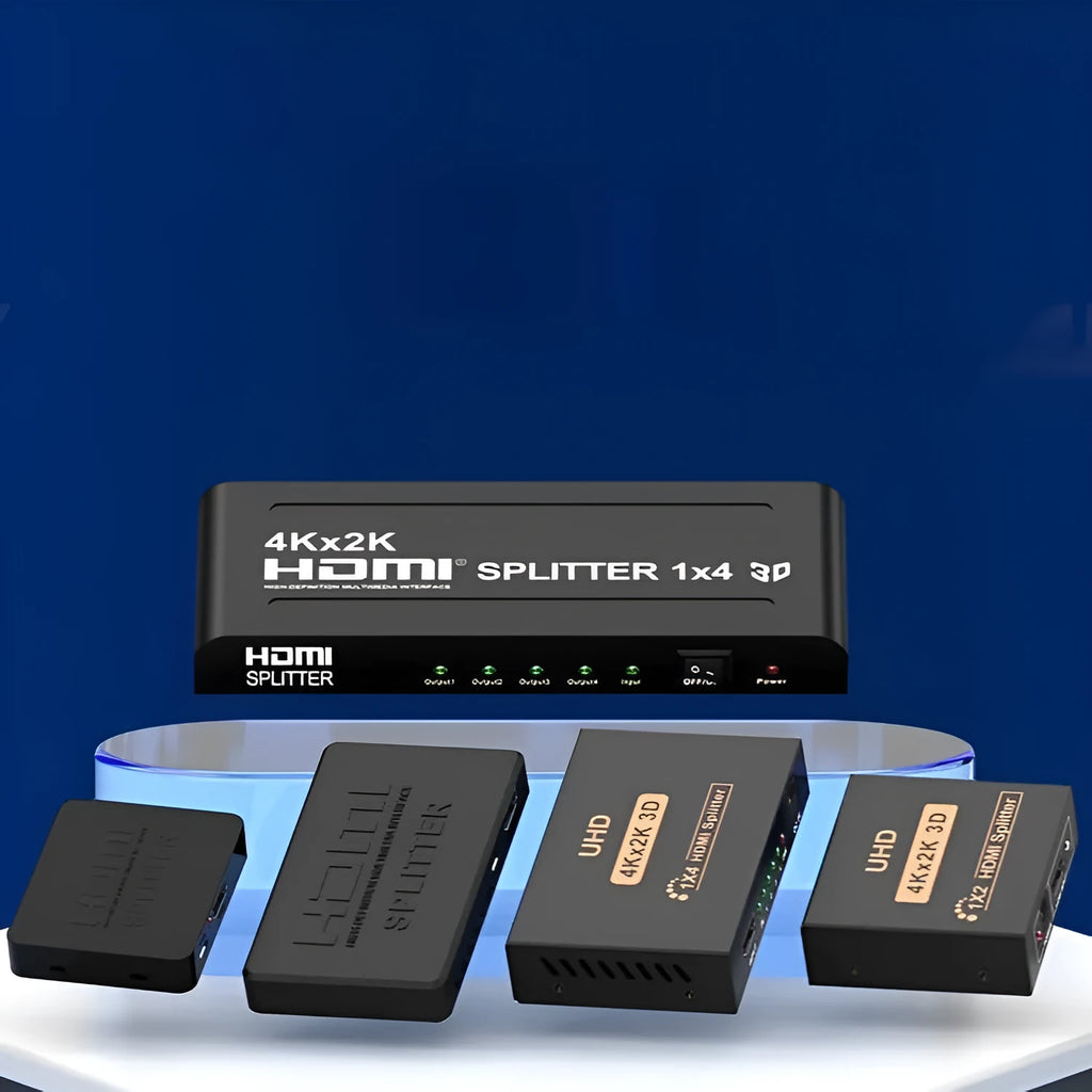 4K HDMI splitter distributing signal to two displays with USB charging cable included