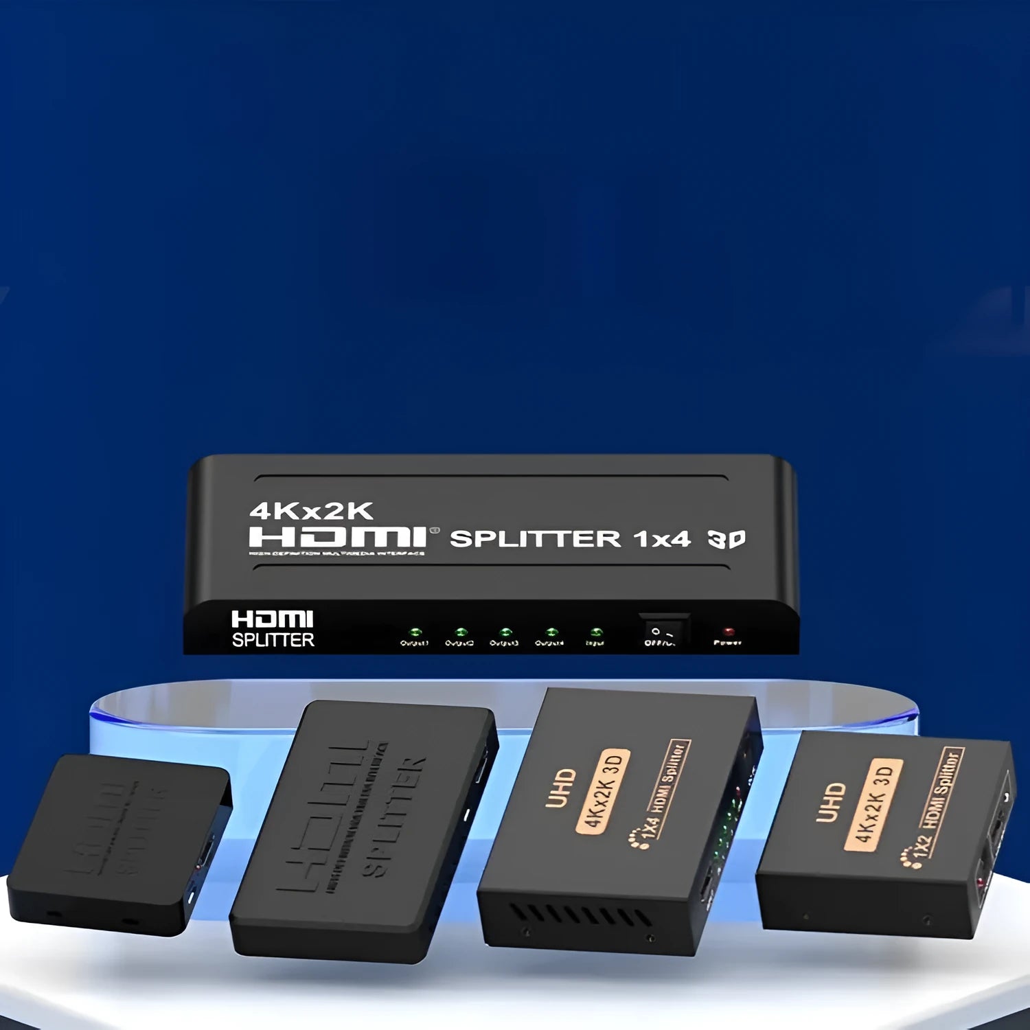 4K HDMI splitter distributing signal to two displays with USB charging cable included