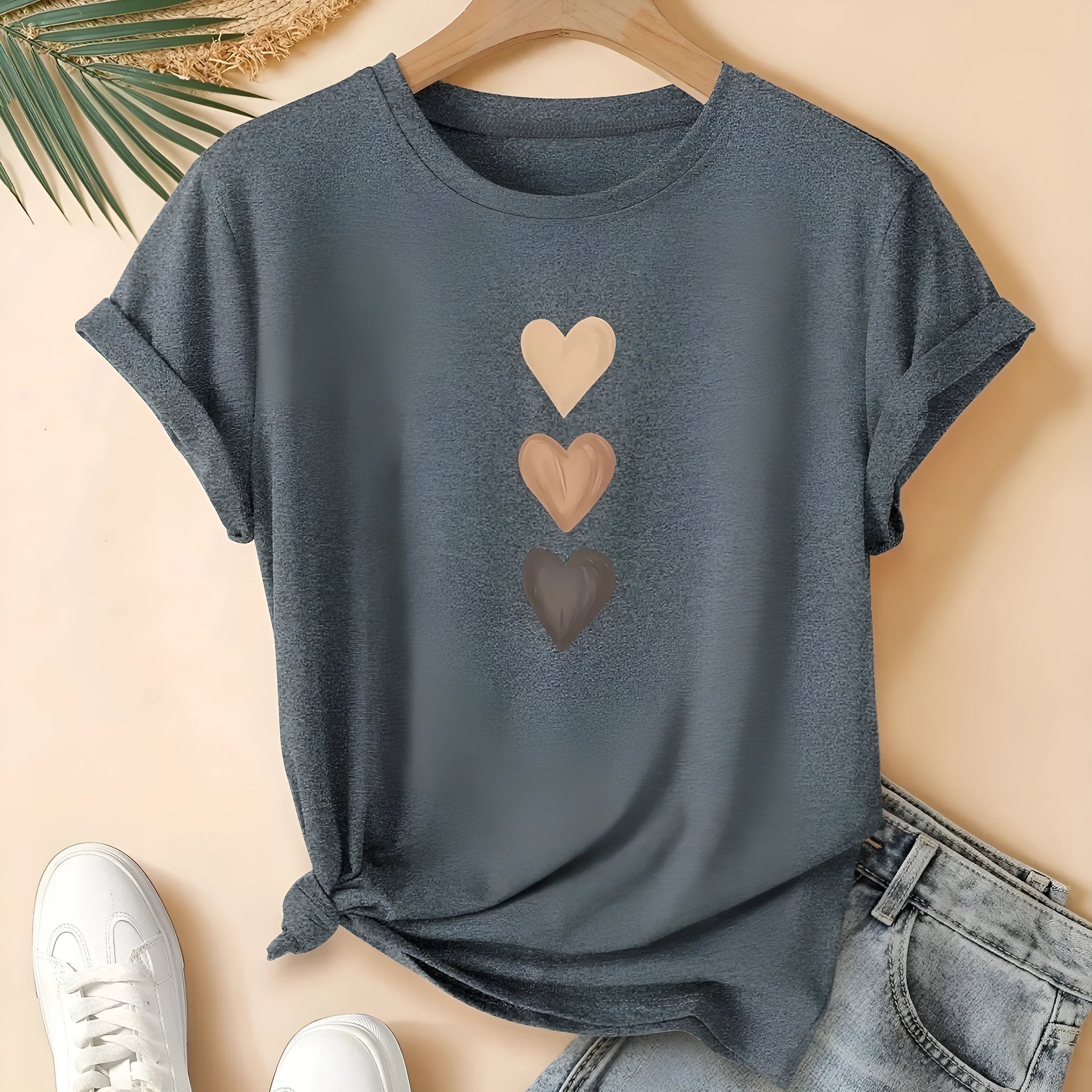 Women's art retro print cotton t-shirt in dark grey, showing short sleeves and round neck.