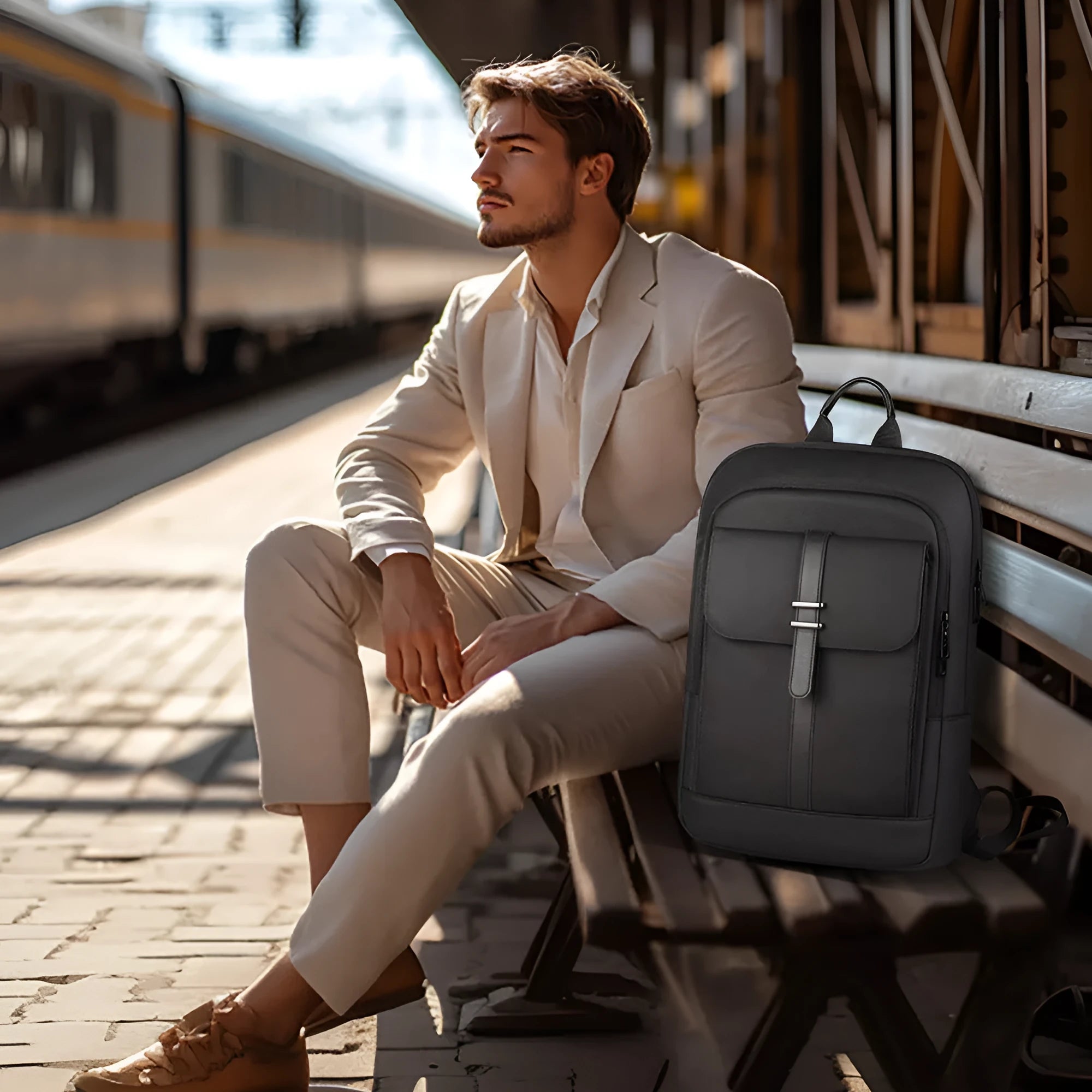 Black Oxford cloth backpack with urban simplicity design for business commuting