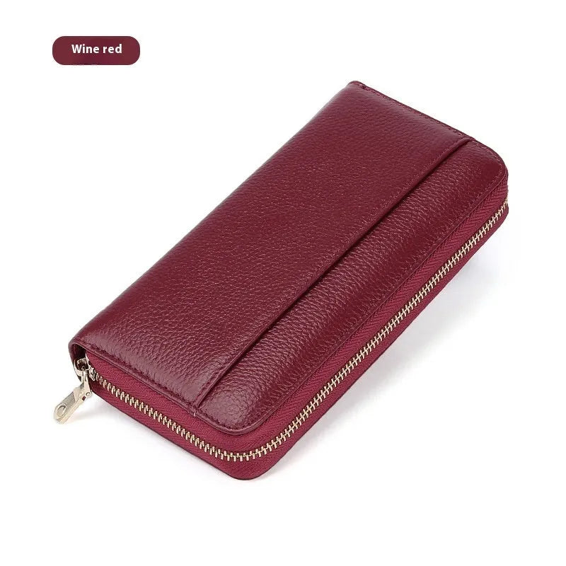Women's genuine leather long bi-fold wallet in six colour options showing large capacity design