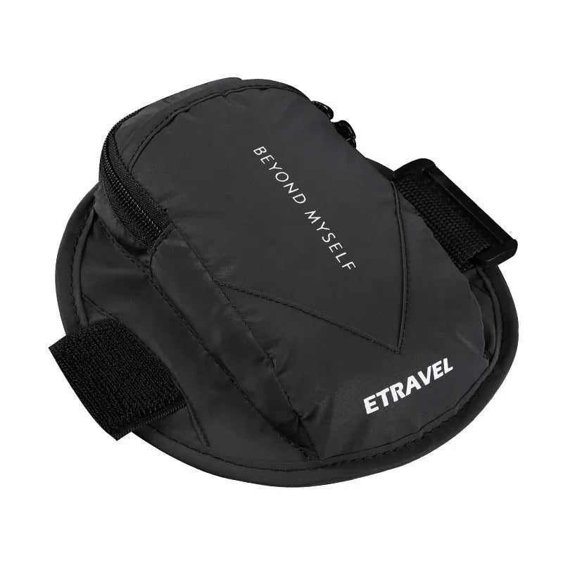 Running arm bag with reflective material in black colour showing 7-inch capacity for outdoor sports