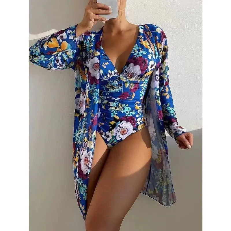 Women's floral bikini three-piece suit with matching coat in seven colour options