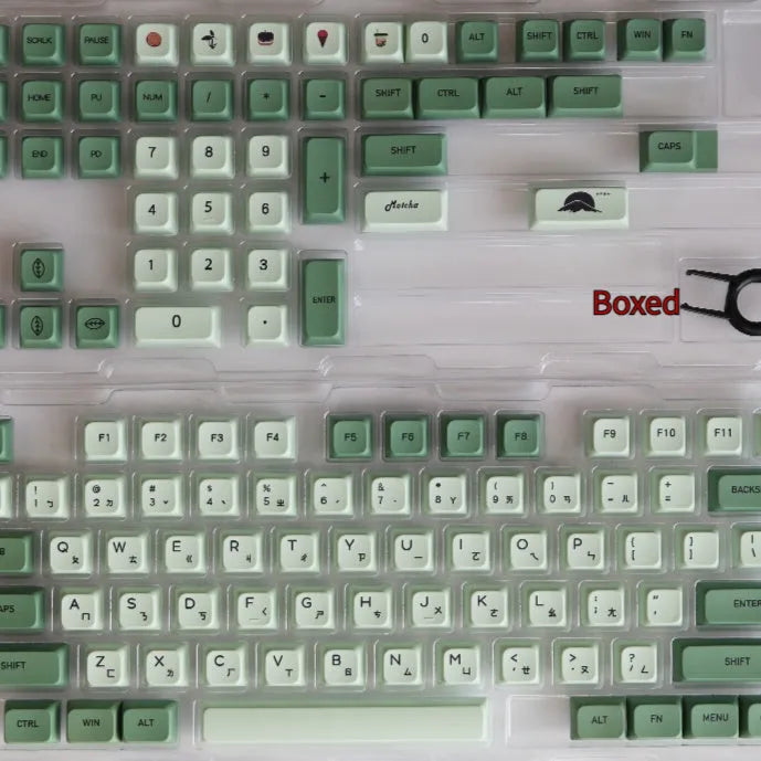 124 Key Matcha green and beige PBT keycap set for mechanical keyboards, showing multiple language layout options.