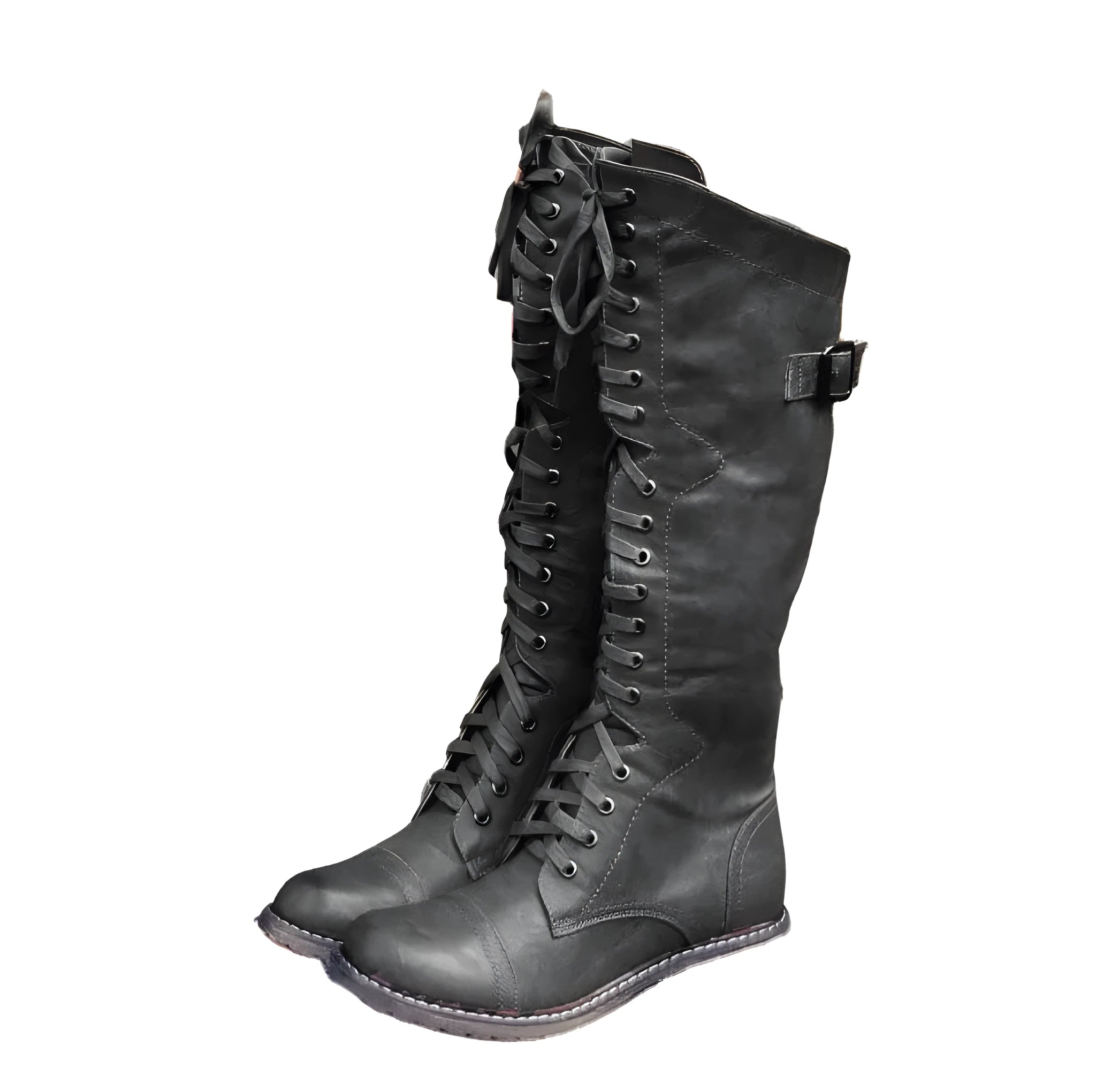 Women's black knight ankle boots with a cross-strap design across the front.